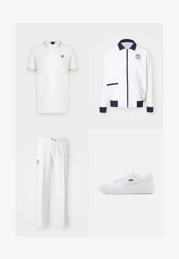 Fehér zipzáras dzseki tengerészkék gallérral, tengerészkék részletekkel és a mellkason egy teniszklub logóval. Kis elülső zsebbel rendelkezik. Textúrált anyag.; Fehér galléros póló zöld csíkozású gallérral és ujjakkal. A mellrészen sárga hímzett logó található. Sima anyagból készült.; Fehér, egyenes szabású nadrág, puha anyagból, húzózsinórral ellátott derékrésszel és bal oldalon logóhímzéssel.; Fehér bőr sportcipők perforált részletekkel, lapos fűzőkkel, és egy kis zöld logóval az oldalon. Gumitalp és párnázott gallér a kényelem érdekében.