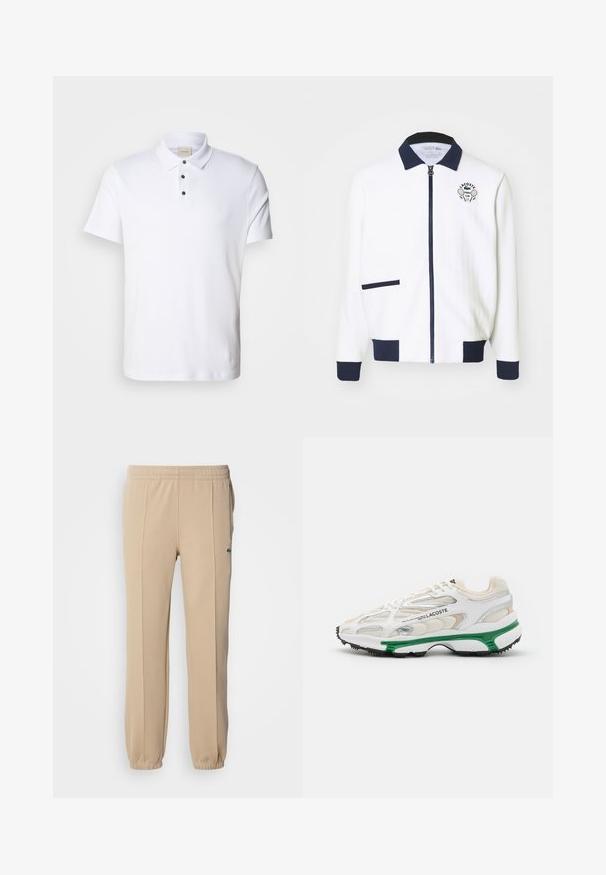 Fehér zipzáras dzseki tengerészkék gallérral, tengerészkék részletekkel és a mellkason egy teniszklub logóval. Kis elülső zsebbel rendelkezik. Textúrált anyag.; Fehér pamut póló, gallérral, három gombos, fekete gombokkal, és diszkrét logóval a mellrészen.; Lacoste Tréningruha alsók - viennese; Fehér sneaker zöld részletekkel és fekete gumitalppal. Háló és szintetikus panelek találhatók rajta, texturált felülettel és látható varrással.