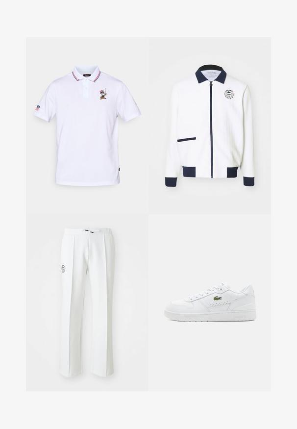 Bílá zipová bunda s námořnickým límcem, námořnickými akcenty a logem tenisového klubu na hrudi. Obsahuje malou přední kapsu. Texturovaná tkanina.; Bílá polo košile s červeným a modrým pruhovaným límečkem, tříknoflíkovým zapínáním a vyšitým motivem na hrudi.; Bílé kalhoty se rovnýma nohavicema, vyrobené z měkkého materiálu, s elastickým pasem na šnůrku a výšivkou loga na levé straně.; Bílé kožené tenisky s perforovanými detaily, plochými tkaničkami a malým zeleným logem na boku. Gumová podrážka a polstrovaný límec pro pohodlí.