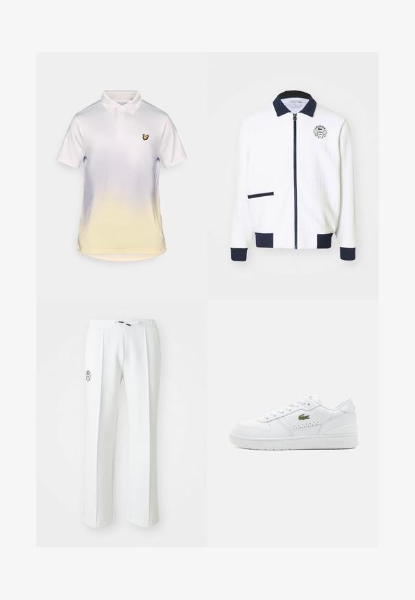 Veste blanche zippée avec un col marine, des accents marins et un logo de club de tennis sur la poitrine. Dispose d'une petite poche avant. Tissu texturé.; Chemise polo blanche avec un dégradé jaune en bas, un col classique, et un petit logo d'oiseau noir sur la poitrine gauche.; Pantalons blancs à coupe droite, fabriqués en matériau doux, avec une taille élastique à cordon de serrage et un logo brodé sur le côté gauche.; Baskets en cuir blanc avec accents perforés, lacets plats et un petit logo vert sur le côté. Semelle en caoutchouc et col rembourré pour le confort.