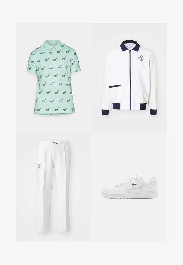 Hvid zip-up jakke med en marineblå krave, marineblå detaljer og et tennis klublogo på brystet. Har en lille frontlomme. Struktureret stof.; Polo skjorte i lys mintgrøn med navy golfklub tryk, korte ærmer og klassisk krave, lavet af blødt, åndbart stof.; Hvide bukser med lige snit, lavet af blødt materiale, med en elastisk talje og en logo-brodering på venstre side.; Hvide lædersneakers med perforerede detaljer, flade snørebånd og et lille grønt logo på siden. Gummisål og polstret krave for komfort.