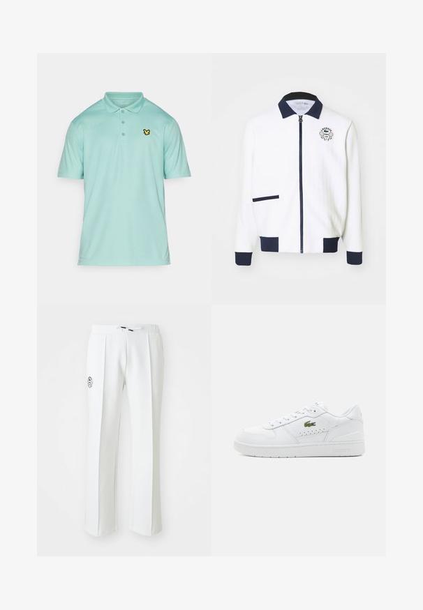 Bílá zipová bunda s námořnickým límcem, námořnickými akcenty a logem tenisového klubu na hrudi. Obsahuje malou přední kapsu. Texturovaná tkanina.; Světle modrá polo košile vyrobená z hladké tkaniny, která má tři tlačítka na hrudní části a malé vyšívané logo v černé a žluté barvě na prsou.; Bílé kalhoty se rovnýma nohavicema, vyrobené z měkkého materiálu, s elastickým pasem na šnůrku a výšivkou loga na levé straně.; Bílé kožené tenisky s perforovanými detaily, plochými tkaničkami a malým zeleným logem na boku. Gumová podrážka a polstrovaný límec pro pohodlí.