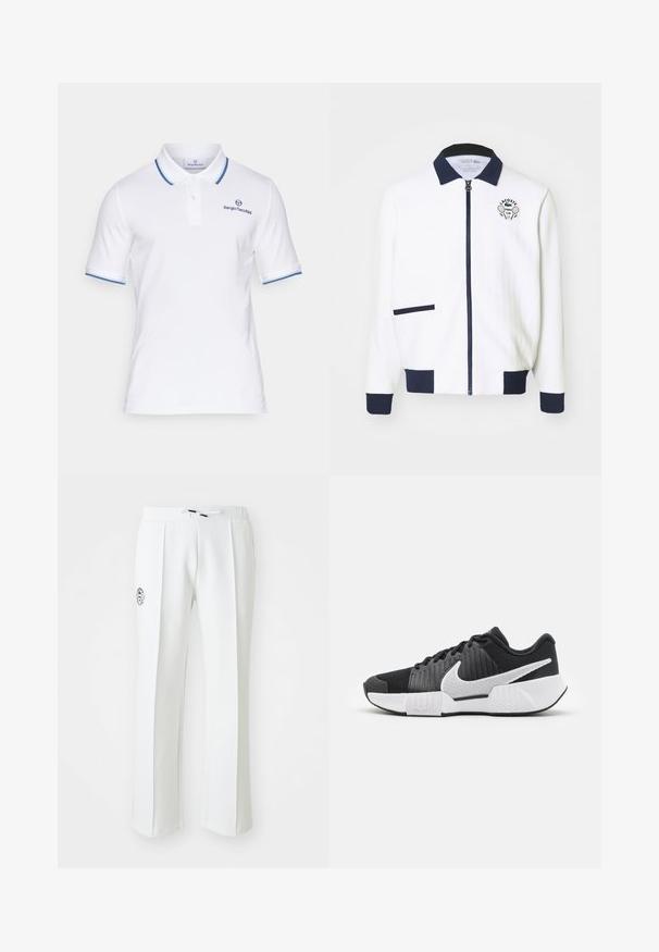 Casaco de fecho éclair branco com colarinho azul-marinho, pormenores em azul-marinho e um logótipo de clube de ténis no peito. Apresenta um pequeno bolso frontal. Tecido texturizado.; Pólo branco em algodão, com pormenores em azul na gola e nas mangas, e um pequeno logótipo azul no peito.; Calças brancas de corte reto, feitas de material suave, com um cós elástico ajustável e um bordado de logótipo no lado esquerdo.; Sapatos atléticos pretos com um cabedal texturizado, logótipo swoosh branco, calcanhar acolchoado e uma sola branca em contraste com um padrão em zigzag.