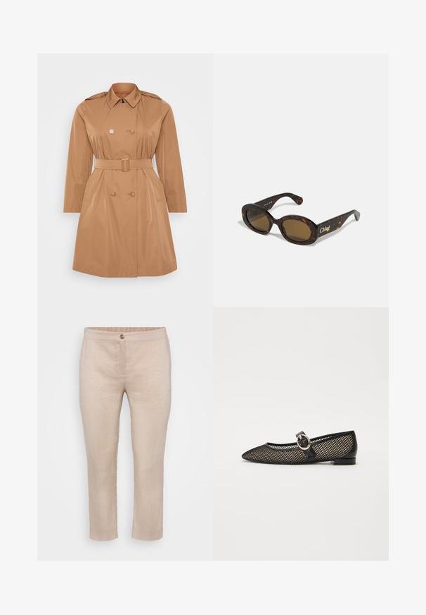 Tan trench coat with a double-breasted design, shoulder epaulets, belted waist, and side pockets. Smooth, water-resistant fabric.; Beige short-sleeve T-shirt made of soft fabric. Features a round neckline and rolled cuffs, with a straight hem and minimal design.; Beige linen cropped pants with a flat front, button closure, and elastic waist. Smooth texture with minimal seams and no pockets.; Black mesh ballet flats with a pointed toe and a decorative strap featuring a round gold buckle. Flat sole, sleek design.; Tortoiseshell sunglasses with oval frames, brown tinted lenses, and "Chloé" branding on the arm. Smooth plastic material with glossy finish.; Brown suede tote bag with a wide shape and soft texture, featuring a single strap and minimal hardware against a neutral backdrop.