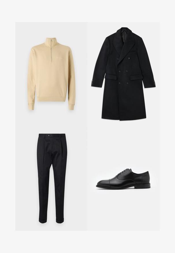 Černý vlněný kabát s dvojitým zapínáním, velkým klopovým límcem, dvěma předními kapsami, knoflíkovými manžetami a elegantním, rovný siluetou.; Tiger of Sweden MARLON - Mikina - practical beige; Černé kalhoty z hladkého materiálu s pukem vpředu, zapínáním na knoflík a ohrnutými manžetami u kotníků.; Černé kožené společenské boty s kulatou špičkou, šněrovacím designem a jemnými švy. Vyznačují se nízkým podpatkem a hladkým povrchem.