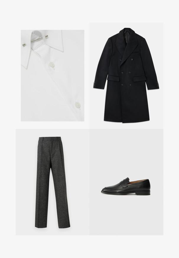 Cappotto doppio petto in lana nera con ampio colletto a punte, due tasche frontali, polsini con bottoni e una silhouette elegante e dritta.; Camicia da uomo in cotone bianco con colletto classico, chiusure a bottone e ferma colletto in metallo, che presenta una finitura liscia e strutturata.; Pantaloni grigi su misura realizzati in tessuto strutturato, con due pieghe frontali e un design a gamba dritta. Nessuna tasca o decorazione visibile.; Mocassino in pelle nera con punta arrotondata, dettagli cuciti sottili e tacco basso, caratterizzato da una texture liscia e un design minimalista.