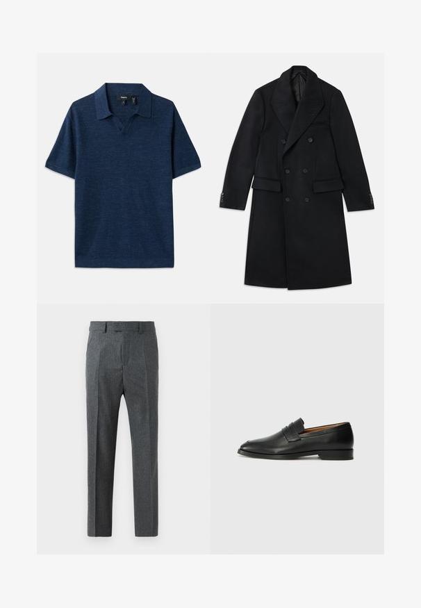 Melna vilnas divrindu mētelis ar lielu izgriezumu, diviem priekšējiem kabatām, pogātām piedurknēm un elegantā, taisnā siluetā.; Tumši zila polo krekla ar īsām piedurknēm, V veida dekoltē, teksturēta auduma un plakanu apkakli. Uz auduma redzams smalks raksts.; Pelēki piegriezti bikses ar smalku rūtotas formas rakstu, taisnas kāju dizainu un gludu auduma tekstūru. Tajās ir jostas cilpas un rāvējslēdzēja aizdare.; Melnas ādas loafers ar noapaļotu purngala formu, smalku izšuvumu un zemu papēdi, piedāvājot gludu tekstūru un minimālistisku dizainu.