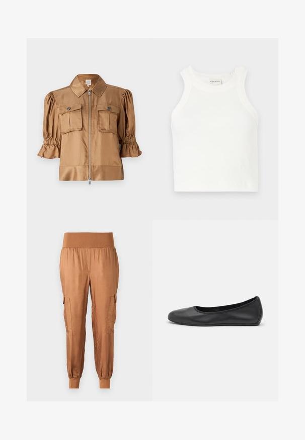 Veste à manches courtes en satin brun clair. Elle présente une fermeture à glissière, deux poches poitrines et un détail froncé sur les manches pour ajouter de la texture.; Débardeur blanc à côtes avec des bretelles larges et une silhouette ajustée. Présente un petit logo en relief près de l'ourlet.; Pantalons cargo en satin marron avec une taille élastique, poches latérales et bas resserrés. Texture lisse et tissu léger.; Ballerines en cuir noir avec un bout rond, texture lisse, détails de couture minimalistes et design de semelle flexible.