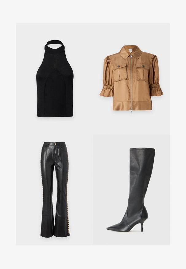 Short-sleeve jacket in light brown satin. Features a zip closure, two chest pockets, and gathered detail on sleeves for added texture.; Black halter top with a fitted silhouette, made from ribbed knit fabric. Features a high neck and seamless design with a smooth texture.; Black leather flared pants with front pockets, visible stitching, and gold-tone button accents along the side seam. Smooth texture.; Knee-high black leather boots with a pointed toe and a slim stiletto heel. Smooth texture with a fitted design and stitching at the top edge.
