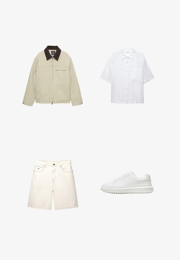 Beige jas met een donkerbruine kraag, voorkant met rits, klepborstzak en twee lagere voorzakken met klep, lange mouwen met drukknopen.; Witte korte mouwen shirt met een knoopsluiting aan de voorkant, kraag en een enkele borstzak. Gemaakt van lichte stof met een gladde textuur.; Witte denim shorts met een rechte snit, vijf zakken en zichtbare stiksels. Voorzien van een sluiting met een knop aan de voorkant en een klein merkje aan de zijkant.; Witte sneaker met een glad synthetisch bovenwerk, ronde neus, platte veters, gestructureerde zool en een gelaagd, platformontwerp voor extra hoogte.