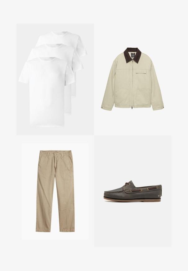 Beige jacket with dark brown collar, front zipper, flap chest pocket, and two lower front patch pockets, long sleeves with snap cuffs.; Three white t-shirts made of cotton, featuring a crew neck, short sleeves, and a smooth, plain texture with no visible patterns or accents.; Beige straight-leg chinos with belt loops, front button and zipper closure, and slant front pockets.; Dark brown leather boat shoe with a low profile, featuring brass eyelets and contrasting stitching, flat rubber sole, and textured finish.