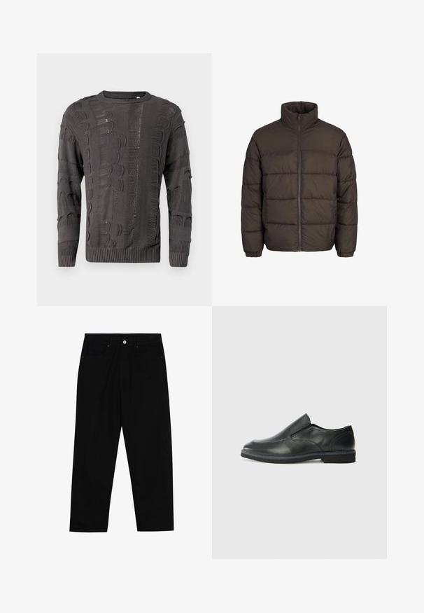 Sötétbarna puffermellény magas gallérral, teljes elülső cipzárral és varrásmintás betétekkel. Az ujjak rugalmas szalagokkal vannak ellátva a megfelelő illeszkedés érdekében.; Sötét szürke kötött pulóver, változatos textúrájú mintákkal, hosszú ujjakkal és kerek nyakkivágással. A bordás szegély és a mandzsetta tökéletesíti a megjelenést.; Fekete farmernadrág, egyenes szabással, öt zsebből álló dizájnnal és elülső gombos záródással. Simább felület minimális varrási részletekkel.; Fekete bőr, slip-on cipő sima felsőrésszel, varrott díszítéssel, lekerekített orral és alacsony gumitalppal. A talpa minimális bordázattal rendelkezik.