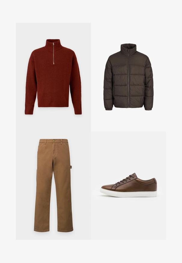 Sötétbarna puffermellény magas gallérral, teljes elülső cipzárral és varrásmintás betétekkel. Az ujjak rugalmas szalagokkal vannak ellátva a megfelelő illeszkedés érdekében.; Jack & Jones JOROLLIE HALF ZIP - Pulóver - dark brown; Barna pamut cargo nadrág egyenes lábakkal, oldalsó zsebekkel és fém gombos zárással a deréknál. Sima textúra és laza dizájn.; Barna bőrsneakerek lekerekített orral, fehér gumitalppal és öt fűzős lyukkal. A saroknál diszkrét logó látható.