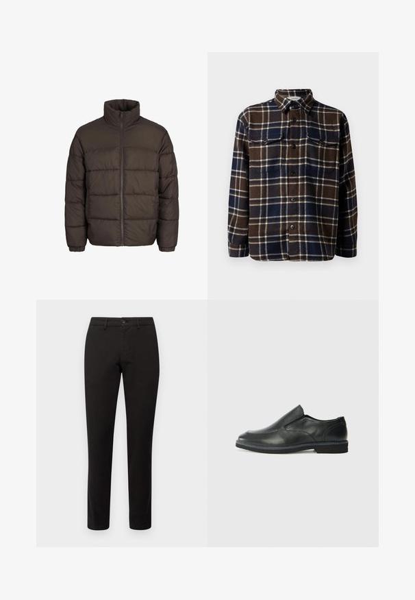 Sötétbarna puffermellény magas gallérral, teljes elülső cipzárral és varrásmintás betétekkel. Az ujjak rugalmas szalagokkal vannak ellátva a megfelelő illeszkedés érdekében.; Barna és tengerészkék kockás flaneling, gombos előrésszel, két mellzsebbel és klasszikus gallérral. Puha tapintású és közepes súlyú.; Fekete chino nadrág, slim fit fazonnal, pamut keverék anyagból. Elől gombos záródással és öt zsebbel rendelkezik. Sima textúra, minimális részletezés.; Fekete bőr, slip-on cipő sima felsőrésszel, varrott díszítéssel, lekerekített orral és alacsony gumitalppal. A talpa minimális bordázattal rendelkezik.