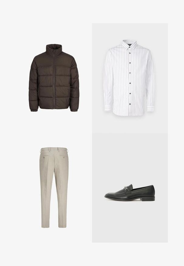 Pufasta jakna temno rjave barve z visokim ovratnikom, celotnim sprednjim zadrgo in šivi v obliki blazinic. Manšete imajo elastične trakove za boljše prileganje.; Bela srajca z dolgimi rokavi in ozkimi navpičnimi črtami v rdeči in modri barvi, z gumbnim zapiranjem, koničastim ovratnikom in črnimi gumbi.; Linen hlače v svetli bež barvi z teksturiranim zaključkom. Imajo dva zadnja žepa z gumbi in zanke za pas za prilagodljiv fit.; Črni usnjeni loafer z gladko površino, ki ima šivano zasnovo in dekorativni kovinski verižni naglas preko vampirja. Ravno peto.
