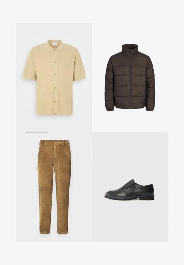 Giubbotto piumino marrone scuro con collo alto, zip centrale totale e motivo di cuciture a baffle. I polsini sono dotati di bande elastiche per una vestibilità ottimale.; Polo a maniche corte di colore beige chiaro, realizzato in tessuto testurizzato. Presenta un frontale con bottoni e un colletto classico.; Pantaloni in corduroy marroni con texture a coste verticali, taglio dritto, chiusura con bottone e passanti per cintura. Tessuto morbido con una finitura liscia.; Scarpa nera in pelle con inserto scivolare, superiore liscio, dettagli cuciti, punta arrotondata e tacco in gomma basso. La suola presenta un battistrada minimale.