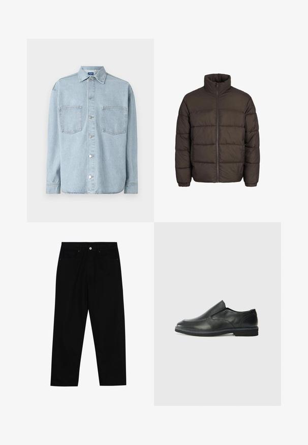 Donkerbruine pufferjack met hoge kraag, volledige ritssluiting aan de voorkant en baffle-stiksels. De manchetten hebben elastische banden voor een goede pasvorm.; Lichtblau denim overhemd met lange mouwen, knoopsluiting, twee borstzakken en een klassieke kraag. Geweven stof met een rechte zoom.; Zwarte denim broek met een recht gesneden pasvorm, vijf gebruikersvriendelijke zakken en een sluiting met een knoop aan de voorkant. Soepele textuur met minimale stikdetails.; Zwarte leren instapper met een soepele bovenkant, gestikte accenten, ronde neus en een lage rubberen hak. De zool heeft minimale profiel.