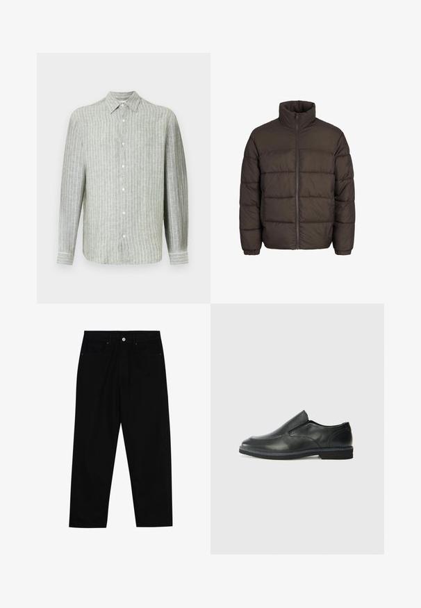 Giubbotto piumino marrone scuro con collo alto, zip centrale totale e motivo di cuciture a baffle. I polsini sono dotati di bande elastiche per una vestibilità ottimale.; Camicia a maniche lunghe a righe verde chiaro in tessuto di lino. Presenta un colletto, una chiusura frontale con bottoni e sottili righe verticali per la texture.; Pantaloni in denim nero con taglio dritto, design a cinque tasche e chiusura frontale con bottone. Tessuto liscio con dettagli di cucitura minimi.; Scarpa nera in pelle con inserto scivolare, superiore liscio, dettagli cuciti, punta arrotondata e tacco in gomma basso. La suola presenta un battistrada minimale.