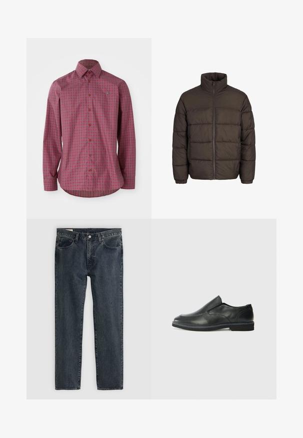 Jachetă puffer de culoare maro închis, cu guler înalt, fermoar pe toată lungimea frontală și modele de cusătură în baffe. Manșetele au benzi elastice pentru o potrivire confortabilă.; Cămașă cu mânecă lungă, cu carouri roșii, având guler cu nasturi, nasturi maronii și tiv curb, confecționată dintr-o țesătură de bumbac.; Blugi din denim albastru închis cu un design drept, cinci buzunare și închidere cu nasture. Țesătura prezintă o decolorare subtilă și o textură.; Pantof de piele neagră, tip slip-on, cu un superior neted, accente cusute, vârf rotunjit și un toc jos din cauciuc. Talpa are un profil minim de aderență.