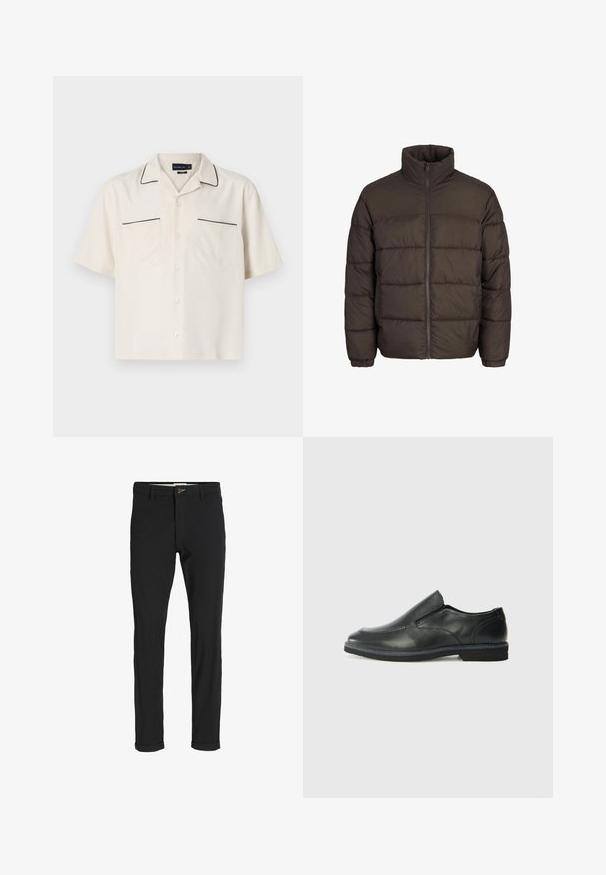 Pufasta jakna temno rjave barve z visokim ovratnikom, celotnim sprednjim zadrgo in šivi v obliki blazinic. Manšete imajo elastične trakove za boljše prileganje.; Bež srajca s kratkimi rokavi z črnimi obrobami ob ovratniku in robovih žepov. Ima dva sprednja žepa in gumbasto zapiranje.; Črne bombažne hlače iz mešanice tkanin, ožjega kroja, z gumbom za zapiranje, žepi in zavihanimi robovi za sproščen videz.; Črne usnjene natikače z gladkim zgornjim delom, prišitimi detajli, zaobljenim nosom in nizkim gumijastim petkom. Podplat ima minimalen profil.