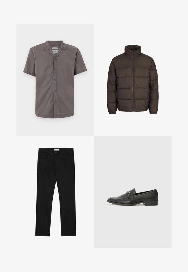 Donkerbruine pufferjack met hoge kraag, volledige ritssluiting aan de voorkant en baffle-stiksels. De manchetten hebben elastische banden voor een goede pasvorm.; Korte mouwen knoopshirt in donkergrijs, gemaakt van zachte stof. Voorzien van een kampkraag en vijf knopen aan de voorkant. Glad textuur en relaxte pasvorm.; Zwarte straight-leg jeans met een vijf-pocket ontwerp, knoop- en ritssluiting, en een Pier One merklabel op de tailleband.; Zwarte leren instapper met een gladde afwerking, voorzien van een gestikt ontwerp en een decoratieve metalen kettingaccent over de wreef. Platte hak.
