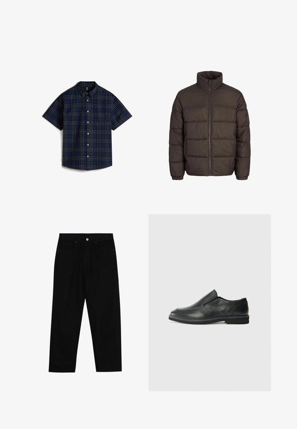 Donkerbruine pufferjack met hoge kraag, volledige ritssluiting aan de voorkant en baffle-stiksels. De manchetten hebben elastische banden voor een goede pasvorm.; Vans LAWSON - Overhemd - medium blue; Zwarte denim broek met een recht gesneden pasvorm, vijf gebruikersvriendelijke zakken en een sluiting met een knoop aan de voorkant. Soepele textuur met minimale stikdetails.; Zwarte leren instapper met een soepele bovenkant, gestikte accenten, ronde neus en een lage rubberen hak. De zool heeft minimale profiel.