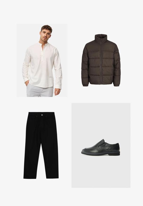 Donkerbruine pufferjack met hoge kraag, volledige ritssluiting aan de voorkant en baffle-stiksels. De manchetten hebben elastische banden voor een goede pasvorm.; Wit linnen overhemd met lange mouwen, een bandkraag en knoopsluiting. Zachte textuur met een relaxte pasvorm en afgeronde zoomdetails.; Zwarte denim broek met een recht gesneden pasvorm, vijf gebruikersvriendelijke zakken en een sluiting met een knoop aan de voorkant. Soepele textuur met minimale stikdetails.; Zwarte leren instapper met een soepele bovenkant, gestikte accenten, ronde neus en een lage rubberen hak. De zool heeft minimale profiel.