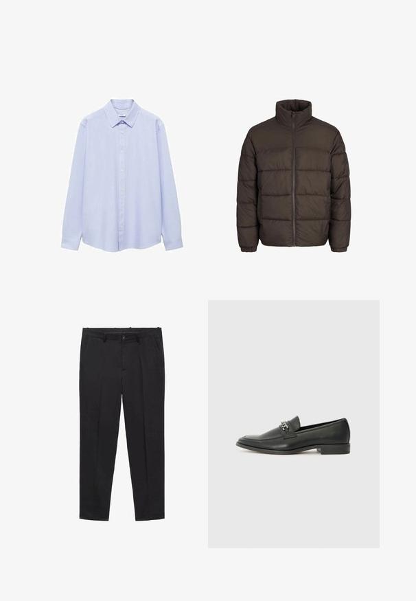 Giubbotto piumino marrone scuro con collo alto, zip centrale totale e motivo di cuciture a baffle. I polsini sono dotati di bande elastiche per una vestibilità ottimale.; Camicia a maniche lunghe di colore azzurro chiaro in cotone, con colletto classico, apertura frontale con bottoni e maniche con polsini. Tessuto liscio senza motivi.; Pantaloni neri su misura realizzati in tessuto liscio, con vita piatta, passanti per la cintura e tasche laterali. Design a gamba dritta.; Mocassino in pelle nera con finitura liscia, caratterizzato da un design cucito e da un accento decorativo in catena metallica sul vamp. Tacco piatto.