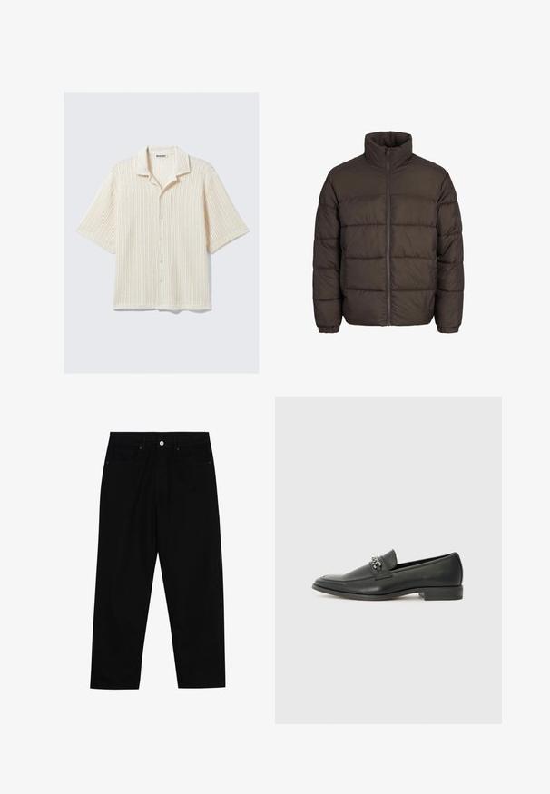 Dunkelbraune Pufferjacke mit hohem Kragen, durchgehendem Reißverschluss und Steppnähten. Die Bündchen haben elastische Bänder für den perfekten Sitz.; Kurze Ärmel Hemd mit Knopfverschluss in Creme mit geripptem Muster. Hat einen umgeschlagenen Kragen und fünf Knöpfe auf der Vorderseite. Lässiges Design.; Schwarze Jeans mit geradem Schnitt, Fünf-Taschen-Design und einem vorderen Knopfverschluss. Glatte Textur mit minimalen Nähten.; Schwarzer Lederloafer mit glatter Oberfläche, ausgestattet mit einer gesteppten Gestaltung und einem dekorativen Metallkettendetail über dem Vorderblatt. Flacher Absatz.