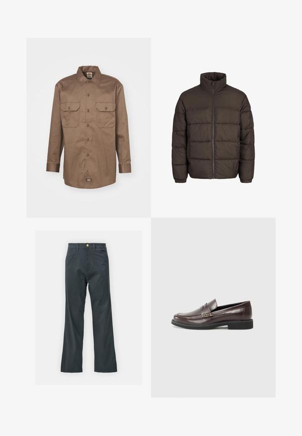 Tumes puffer jakk tumedas pruunis, kõrge kraega, täis esi-lukk ja õmmeldud mustrid. Varrukatel on sobivuse tagamiseks elastsed ribad.; Dickies WORK - Pluus - mushroom; Mustad püksid sirge säärega, valmistatud puuvillasegistuse kangast. Omavad metallist nööbiga sulgemist ja küljetaskuid. Ilma nähtavate mustriteta.; PRUUNID NAASTE NAHK LOFAERID sileda pinnaga, millel on peene õmblustunne ülemise serva juures ja must kummitald.