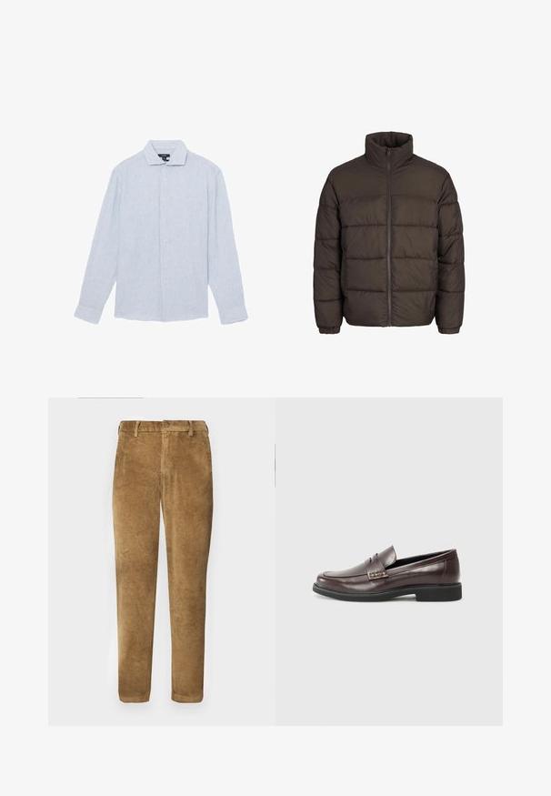 Giubbotto piumino marrone scuro con collo alto, zip centrale totale e motivo di cuciture a baffle. I polsini sono dotati di bande elastiche per una vestibilità ottimale.; Camicia a maniche lunghe a righe azzurre, in cotone, con colletto, righe verticali e chiusura con bottone davanti.; Pantaloni in corduroy marroni con texture a coste verticali, taglio dritto, chiusura con bottone e passanti per cintura. Tessuto morbido con una finitura liscia.; Mocassini in pelle marrone con una finitura liscia, caratterizzati da un sottile dettaglio cucito sulla tomaia e una suola in gomma nera.