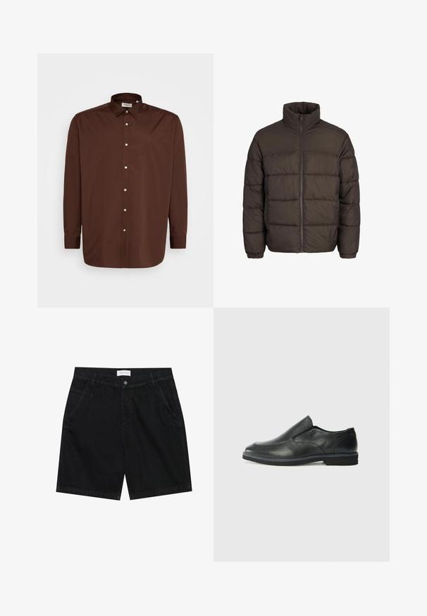 Pufjakas tumši brūnā krāsā ar augstu apkakli, pilnīgu priekšējo rāvējslēdzēju un bīdāmo šuvju rakstiem. Piedurkņu galos ir elastīgi ievilcēji, lai nodrošinātu labāku piegulšanu.; Brūns pogām caurspīdīgs krekls ar izplatītu apkakli, garām piedurknēm un gludu auduma tekstūru. Priekšpusē ir baltas pogas.; Melnas džinsu šortus ar klasisku piegriezumu, kas satur divas priekšējās kabatas, pogu aizdari un birku uz jostas vietas. Struktūrēta auduma.; Melnas ādas slip-on kurpes ar gludu augšdaļu, izšūtām akcentiem, noapaļotu purngala daļu un zemu gumijas papēdi. Zole ar minimālu rakstu.