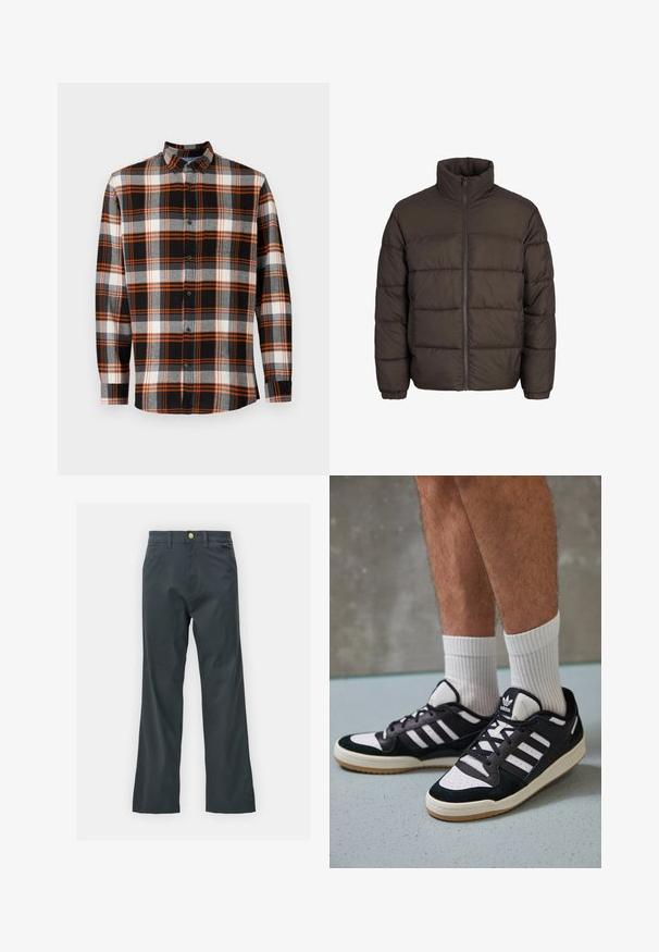 Giubbotto piumino marrone scuro con collo alto, zip centrale totale e motivo di cuciture a baffle. I polsini sono dotati di bande elastiche per una vestibilità ottimale.; Camicia a quadri nera e grigia con dettagli arancioni, maniche lunghe e colletto button-down. Presenta una tasca sul petto e una texture del tessuto.; Pantaloni neri con taglio dritto, realizzati in tessuto misto cotone. Presentano una chiusura con bottone metallico e tasche laterali. Nessun motivo visibile.; Sneaker bianco e nero con tomaia in suede e pelle, caratterizzati da tre strisce bianche, punta perforata e suola in gomma naturale.
