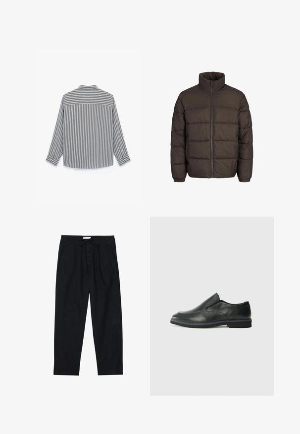 Pufferjakke i mørkebrun med høj krave, fuld frontlynlås og baffle-syninger. Mansjetterne har elastiske bånd for pasform.; Grå og hvid stribet langærmet skjorte med lige afslutning, knapmanchetter og krave, lavet af et struktureret stof.; Pier One Chino - black; Sorte læder slip-on sko med en glat overdel, syede detaljer, rund tå og en lav gummihæl. Sålen har minimal profil.