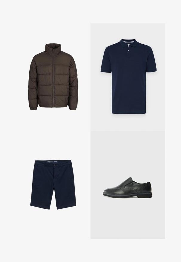 Veste matelassée marron foncé avec un col haut, fermeture éclair sur le devant et motifs de couture en boudin. Les poignets sont dotés de bandes élastiques pour un ajustement parfait.; Polo-shirt bleu marine à manches courtes en coton, avec un col à trois boutons et des rayures horizontales subtiles sur le col.; Shorts bleu marine en mélange de coton, dotés d'une fermeture à bouton, de poches latérales et d'une coupe droite. Taille M visible.; Chaussure slip-on en cuir noir avec une tige lisse, des accents cousus, un bout arrondi et un petit talon en caoutchouc. La semelle présente un profil de traction minimal.