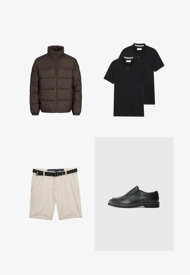 Tamsiai ruda pūkinė striukė su aukštu apykakle, viso palaidinės užtrauktuko ir išsiuvinėjimo siūlių raštais. Rankogaliai turi elastinius dirželius, kad geriau priglustų.; Du žaidimų juodos polo marškiniai, trumpomis rankovėmis, pagaminti iš medvilnės, su klasikinėmis apykaklėmis, dviem mygtukais priekyje ir baltais dryžiais apykaklės viduje.; Bežiniai šortai su juodu reguliuojamu diržu. Pagaminti iš lengvos medžiagos, turi šonines kišenes ir sukamuosius rankogalius, kad atrodytų nesuvaržytai. Dydis M.; Juodai odiniai įtvirtinimo batai su lygiu paviršiumi, siuvinėjimo akcentais, apvalia nosimi ir žemu guminiu kulnu. Pado raštas minimalus.