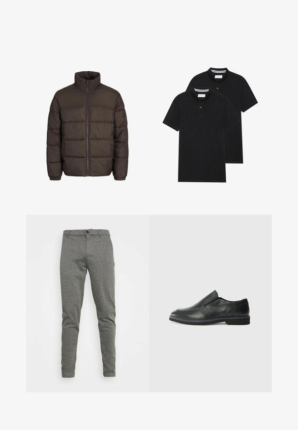 Chaqueta acolchada en marrón oscuro con un alto cuello, cremallera frontal completa y patrones de costura en cuadros. Los puños tienen bandas elásticas para un mejor ajuste.; Dos camisetas polo negras, de manga corta, de material de algodón, que presentan un cuello clásico, una tapeta de dos botones y acentos de rayas blancas en el interior del cuello.; Pantalones de mezcla de algodón gris con corte ajustado, cierre de botón y una textura sutil. Tejido suave sin patrones ni acentos visibles.; Zapato negro de cuero sin cordones con un upper suave, detalles de costura, punta redonda y un bajo tacón de goma. La suela presenta una tracción mínima.