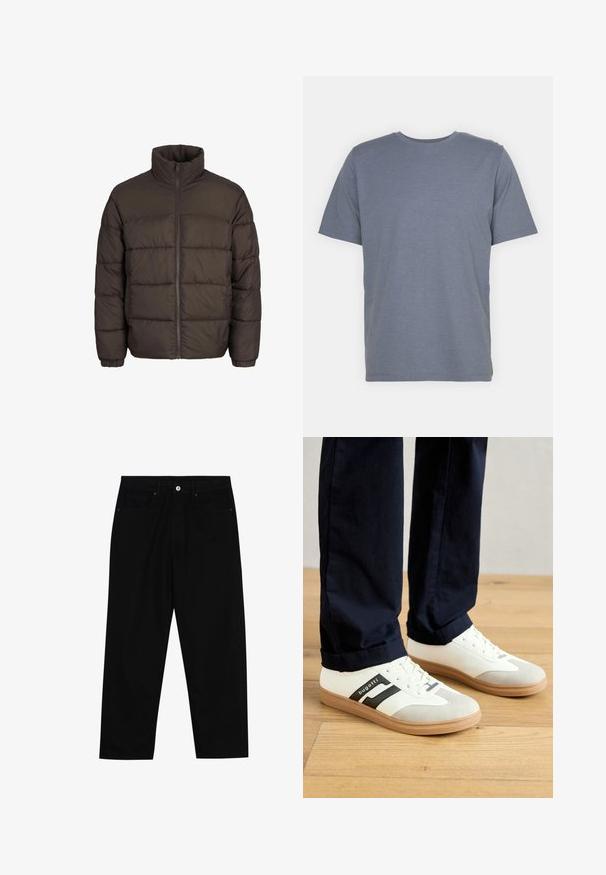 Pufasta jakna temno rjave barve z visokim ovratnikom, celotnim sprednjim zadrgo in šivi v obliki blazinic. Manšete imajo elastične trakove za boljše prileganje.; Siv majica s kratkimi rokavi in okroglo ovratnikom, izdelana iz mehkega bombažnega blaga. Preprost dizajn, brez vzorcev ali dodatkov.; Črne denim hlače z ravnim krojem, petimi žepi in sprednjim gumbom. Gladka tekstura z minimalnimi šivi.; Beli in sivi teniski z črnimi črtami, narejeni iz usnja, z gumijastim podplatom in ravnimi vezalkami. Nosijo jih z mornarskimi hlačami na lesenem tleh.