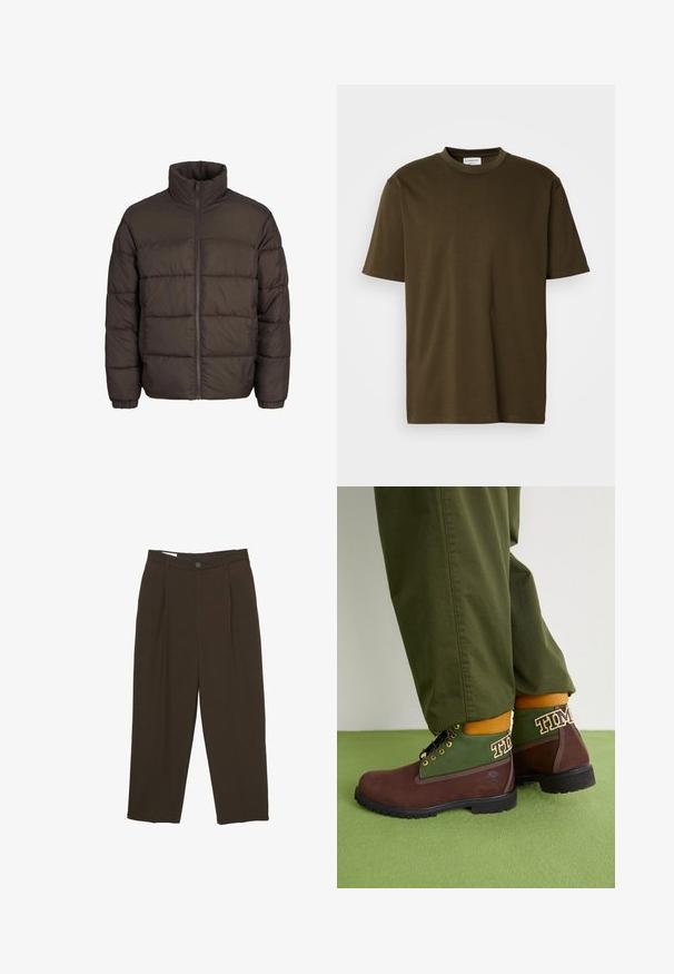Jachetă puffer de culoare maro închis, cu guler înalt, fermoar pe toată lungimea frontală și modele de cusătură în baffe. Manșetele au benzi elastice pentru o potrivire confortabilă.; Tricou scurt cu mânecă, de culoare verde măsliniu, cu guler rotund, având un eticheta albă a brandului vizibilă la gât, expus pe un fundal alb.; Pantaloni tailored de culoare maro închis cu pliuri frontale, bucle pentru curea și închidere cu buton la talie.; Timberland Botine cu șireturi - dark brown/green