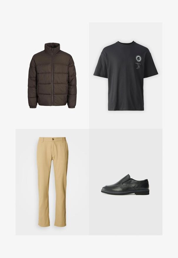 Veste matelassée marron foncé avec un col haut, fermeture éclair sur le devant et motifs de couture en boudin. Les poignets sont dotés de bandes élastiques pour un ajustement parfait.; T-shirt noir en coton avec des manches courtes, col rond et graphiques sur le devant d'un soleil et d'une lune, accompagné du texte "Le Soleil et La Lune."; Pantalon beige avec une coupe droite, fermeture à bouton et texture de tissu subtile. Aucun motif ni matériel supplémentaire visible.; Chaussure slip-on en cuir noir avec une tige lisse, des accents cousus, un bout arrondi et un petit talon en caoutchouc. La semelle présente un profil de traction minimal.