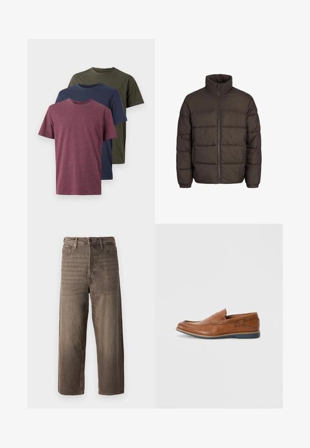 Tumes puffer jakk tumedas pruunis, kõrge kraega, täis esi-lukk ja õmmeldud mustrid. Varrukatel on sobivuse tagamiseks elastsed ribad.; Kolm puuvillast T-särki: maroon, tumesinine ja oliivroheline. Ümar kaelus, lühikesed varrukad ja pehme, tekstureeritud viimistlus.; Prunad laiad teksapüksid, mis on valmistatud denimist. Omab lukuga kannet, vöölukke ja viit taskut. Kangas näitab tuhmuvat, tekstuurset välimust.; Prunadest nahkkingad ümmarguse varbaga, õmmeldud detailide ja madala kummitaldaga. Disain sisaldab riba üleval.