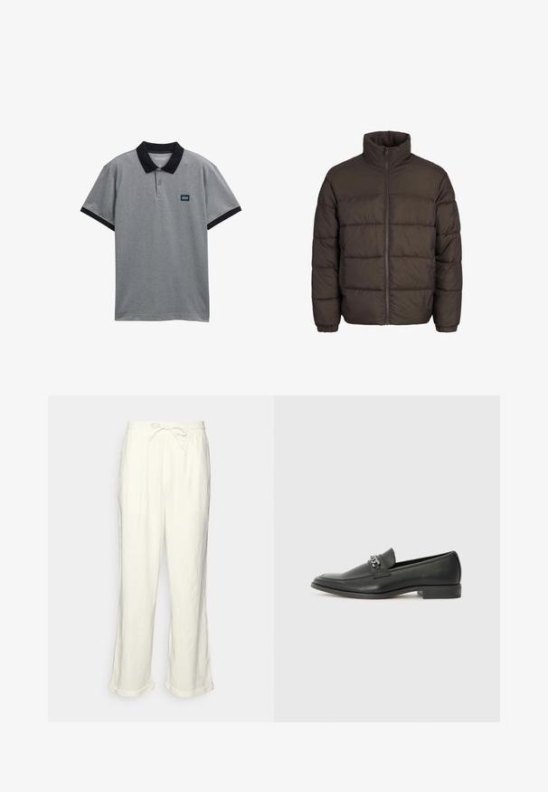 Kurtka puchowa w ciemnym brązie z wysokim kołnierzem, pełnym zamkiem z przodu i wzorami przeszycia typu baffle. Rękawy mają elastyczne mankiety dla lepszego dopasowania.; Szary polo z czarnym kołnierzykiem i akcentami na rękawach. Posiada trzy guziki oraz małą naszywkę z logo na klatce piersiowej. Wykonane z mieszanki bawełny.; Lnianowe spodnie w kolorze złamanej bieli z elastycznym paskiem w talii, lekko szerokimi nogawkami i podwiniętymi mankietami dla swobodnego wyglądu. Bez kieszeni.; Czarne skórzane mokasyny o gładkim wykończeniu, z haftowanym wzorem i dekoracyjnym akcentem z metalowego łańcucha na wierzchu. Płaska pięta.