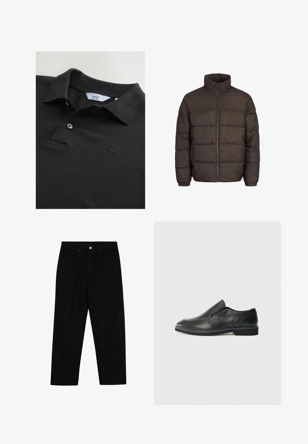 Kurtka puchowa w ciemnym brązie z wysokim kołnierzem, pełnym zamkiem z przodu i wzorami przeszycia typu baffle. Rękawy mają elastyczne mankiety dla lepszego dopasowania.; Czarna koszulka polo wykonana z teksturowanej tkaniny, z kołnierzykiem, dwoma guzikami i małym haftowanym logo korony na piersi. Regularny krój.; Czarne spodnie dżinsowe w klasycznym kroju prostym, z pięcioma kieszeniami i zapięciem na guzik z przodu. Gładka tekstura z minimalnymi detalami szwy.; Czarne skórzane buty wsuwane z gładką cholewką, przeszyciami, okrągłym noskiem i niskim gumowym obcasem. Podeszwa ma minimalny bieżnik.