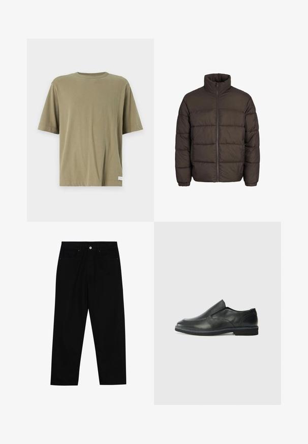 Pufasta jakna temno rjave barve z visokim ovratnikom, celotnim sprednjim zadrgo in šivi v obliki blazinic. Manšete imajo elastične trakove za boljše prileganje.; Abercrombie & Fitch PREMIUM CREW JOCKTAG - Navadna majica - mermaid; Črne denim hlače z ravnim krojem, petimi žepi in sprednjim gumbom. Gladka tekstura z minimalnimi šivi.; Črne usnjene natikače z gladkim zgornjim delom, prišitimi detajli, zaobljenim nosom in nizkim gumijastim petkom. Podplat ima minimalen profil.