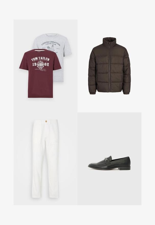Pufasta jakna temno rjave barve z visokim ovratnikom, celotnim sprednjim zadrgo in šivi v obliki blazinic. Manšete imajo elastične trakove za boljše prileganje.; Dve majice: ena v marinastari rdeči barvi z belim napisom, ki prikazuje logo "TOM TAILOR"; ena svetlo siva z modrim grafičnim besedilom in obliko ptice. Kratke rokave, mešanica bombaža.; Beli tkaninski hlače s ravnim krojem, ki imajo dve sprednji žepi in zapiranje na gumb. Gladka tekstura in čista zasnova.; Črni usnjeni loafer z gladko površino, ki ima šivano zasnovo in dekorativni kovinski verižni naglas preko vampirja. Ravno peto.
