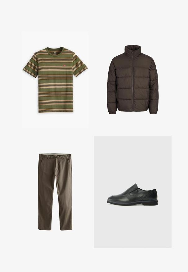 Tamsiai ruda pūkinė striukė su aukštu apykakle, viso palaidinės užtrauktuko ir išsiuvinėjimo siūlių raštais. Rankogaliai turi elastinius dirželius, kad geriau priglustų.; Žalias dryžuotas marškinėlis su horizontaliomis smėlinėmis ir violetinėmis linijomis. Turi apvalų kaklą ir mažą raudoną Levi's logotipą ant krūtinės.; Rudos medvilnės chinos kelnės su tiesiomis kojomis, priekinėmis kišenėmis ir mygtukų uždarymu. Išsiskiria lygiu paviršiumi ir tvarkingais linijomis.; Juodai odiniai įtvirtinimo batai su lygiu paviršiumi, siuvinėjimo akcentais, apvalia nosimi ir žemu guminiu kulnu. Pado raštas minimalus.