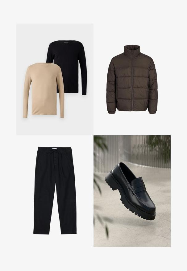 Pučová bunda v tmavo hnedej farbe s vysokým golierom, plným zipsom a vzorom prešívania. Rukávy sú vybavené elastickými pásmi pre lepšie prispôsobenie.; Dve tričká s dlhým rukávom: jedno v béžovej a jedno v čiernej farbe. Mäkká, elastická látka s okrúhlym výstrihom a minimalistickým dizajnom.; Pier One Nohavice chinos - black; Čierne kožené loafery s robustnou podrážkou, s dekoratívnym pásikom a prešívaním. Hladký povrch s lesklým finišom.