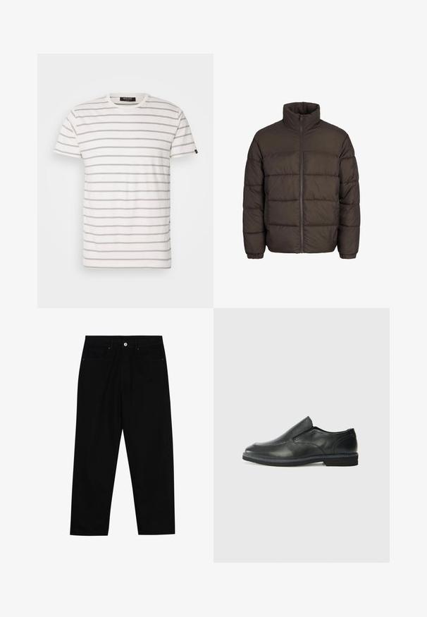 Dunkelbraune Pufferjacke mit hohem Kragen, durchgehendem Reißverschluss und Steppnähten. Die Bündchen haben elastische Bänder für den perfekten Sitz.; T-Shirt mit kurzen Ärmeln und Rundhalsausschnitt in Weiß mit wechselnden grauen Streifen. Weicher Stoff mit normaler Passform und geradem Saum. Markenlabel an der Seite.; Schwarze Jeans mit geradem Schnitt, Fünf-Taschen-Design und einem vorderen Knopfverschluss. Glatte Textur mit minimalen Nähten.; Schwarze Leder-Slipper mit glattem Obermaterial, gesteppten Akzenten, runder Zehenpartie und niedrigem Gummiabsatz. Die Sohle hat ein minimales Profil.