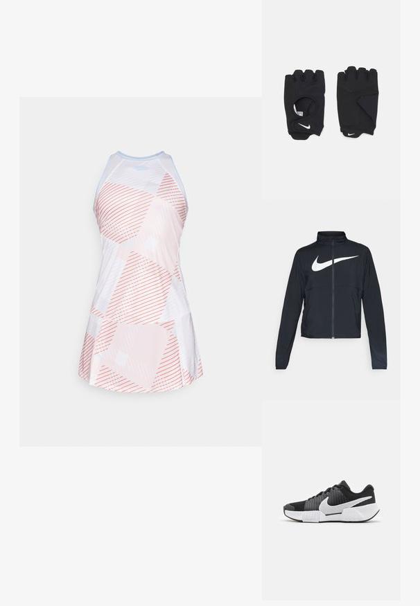 Μαύρο σπορ μπουφάν με πλήρη φερμουάρ, ψηλό λαιμό, μακριά μανίκια και μεγάλο λευκό logo Nike στον θώρακα.; Φόρεμα με ψηλό λαιμό σε λευκό χρώμα με γεωμετρικό μοτίβο από ανοιχτό ροζ και πορτοκαλί διαγώνιες ρίγες, φουσκωτή φούστα και σχέδιο racerback.; Μαύρα και λευκά αθλητικά παπούτσια με υφή στην επάνω πλευρά, εμφανές λογότυπο Nike, και αντίθετο σχεδιασμό σόλας για βελτιωμένη πρόσφυση και σταθερότητα.; Μαύρα γάντια χωρίς δάχτυλα φτιαγμένα από ελαστικό υλικό, με σχεδίαση που αφήνει την παλάμη ανοικτή, λεπτομέρειες με αντιολισθητική υφή και το λογότυπο της Nike σε λευκό χρώμα.