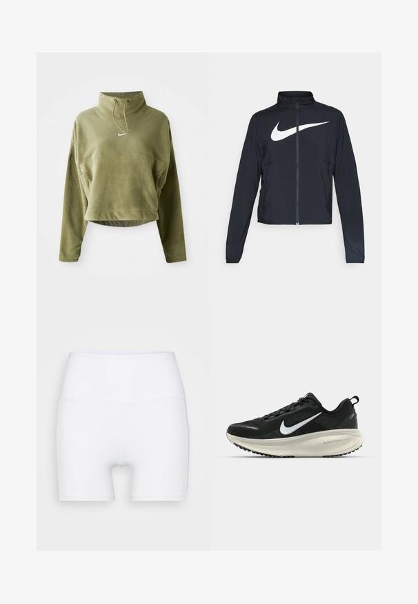 Jachetă sport neagră cu fermoar pe toată lungimea, guler înalt, mâneci lungi și un logo mare alb Nike swoosh pe piept.; Pulover scurt din flanel verde măsliniu, cu guler înalt, șnur și logo în față. Dispune de mâneci lungi și o textură specială.; Șorturi albe cu talie înaltă, fabricate dintr-un material elastic. Au o textură netedă și un design ajustat, fără modele sau accesorii suplimentare.; Pantofii de alergare negri de la Nike, cu parte superioară din plasă respirabilă, logo-ul alb Swoosh, detalii texturate și o talpă intermediară ZoomX de culoare crem.
